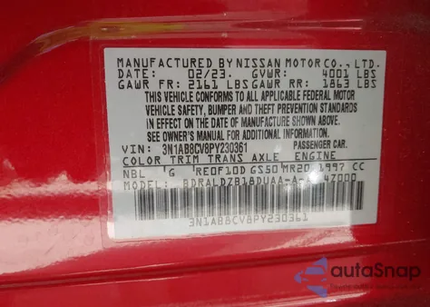 2023 Nissan Sentra Sv Xtronic Cvt z USA, uszkodzony, nr VIN 3N1AB8CV8PY230361